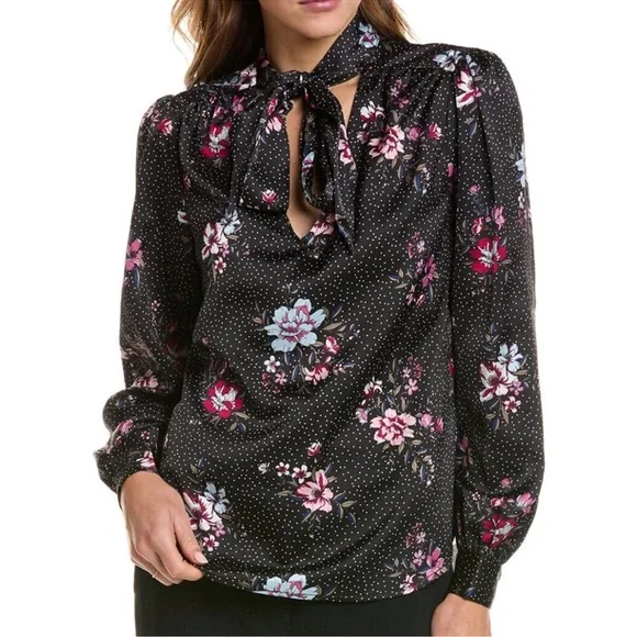 Laundry by Shelli Segal $89 Black Floral V-neck Tie Blouse - Picture 1 of 10